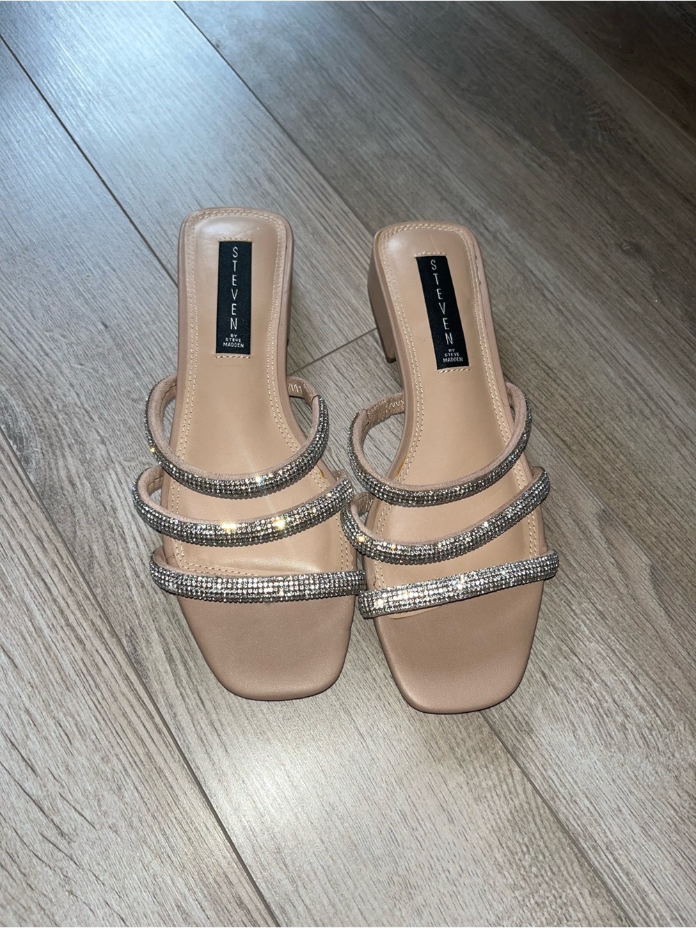 Steve Madden Blush Nude Strappy Heeled Sandals with Rhinestone Straps